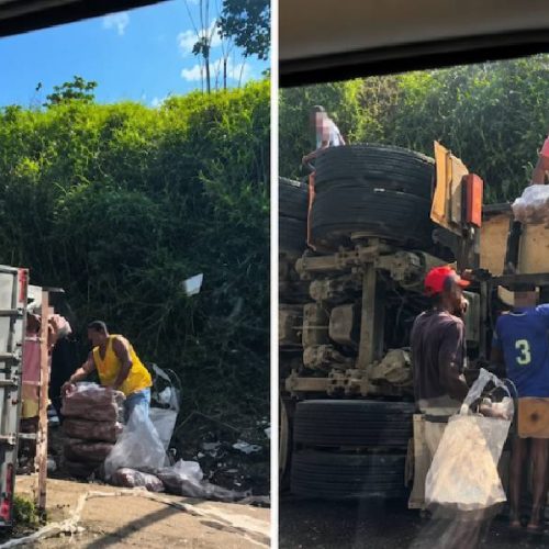 Caminhão tomba na BR-101 e carga de frangos é saqueada em Ubaitaba