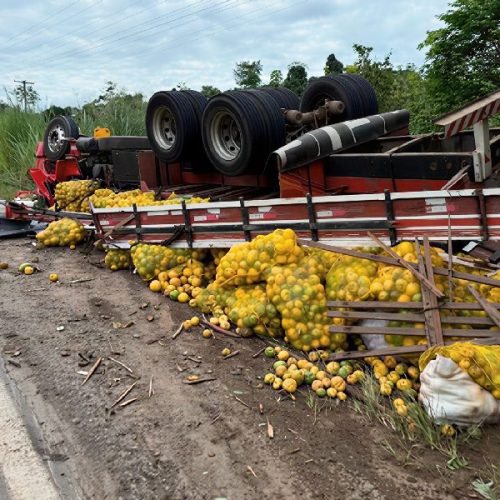 Caminhão tomba na BR-330 e motorista fica preso às ferragens em Ipiaú