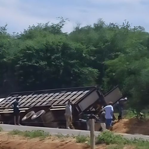 Carreta carregada com gado tomba na BR-342 em Malhada; motorista escapa ileso