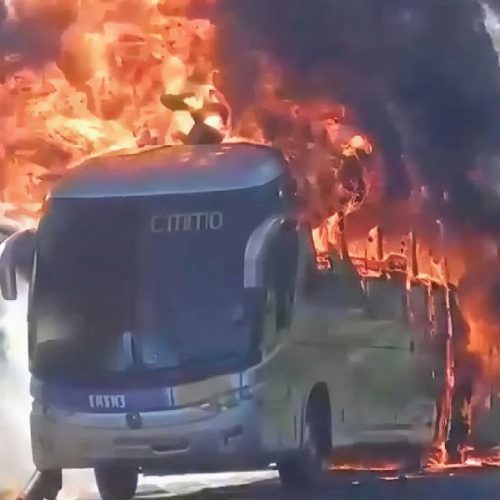 Ônibus da Rota pega fogo próximo a Ilhéus e vídeo mostra chamas altas na rodovia