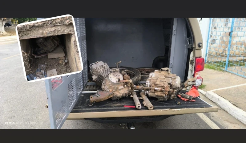 Desmanche clandestino de motos é descoberto em matagal e polícia apreende motores raspados no município de Contendas do Sincorá