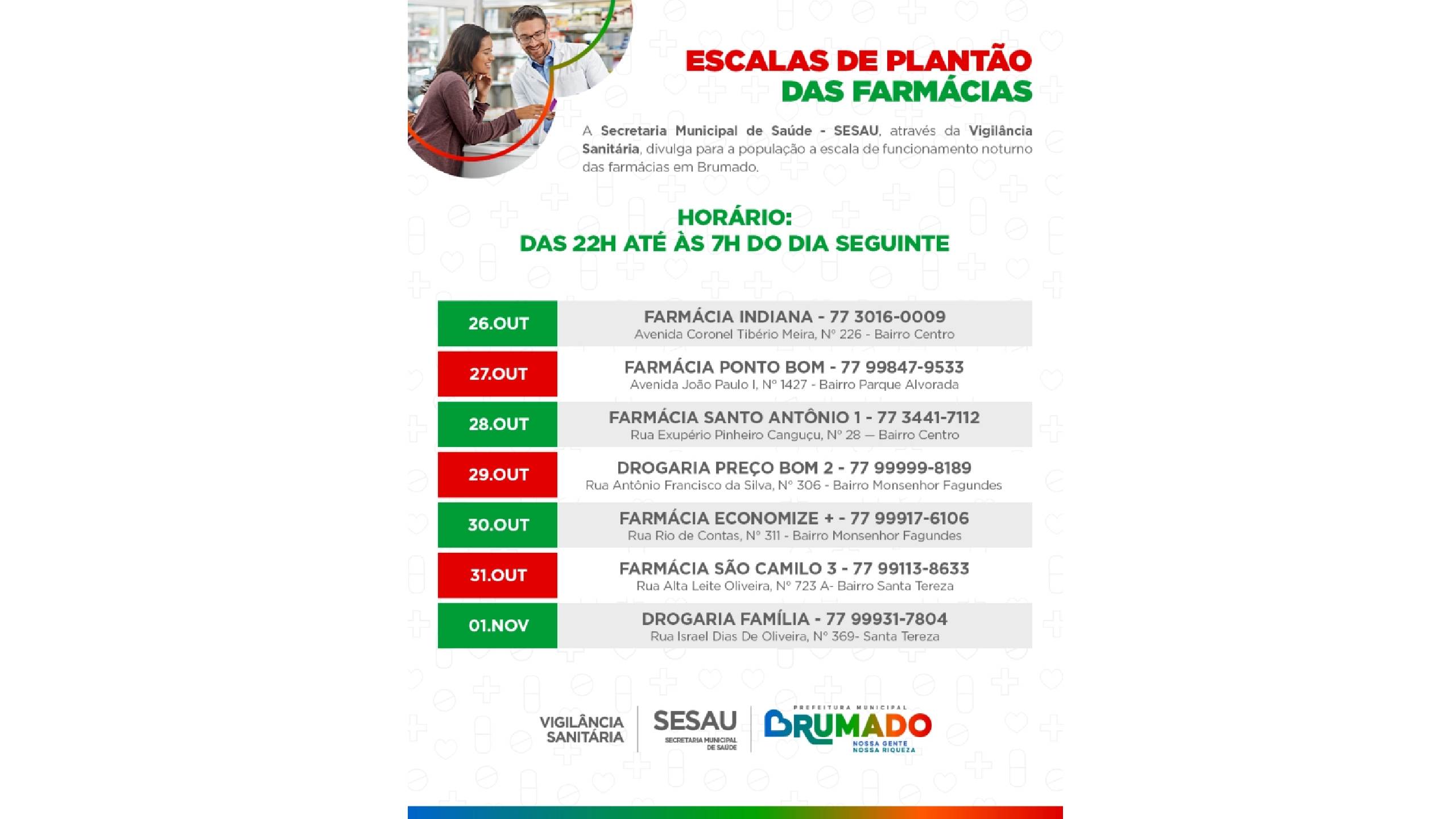 Confira a escala de plantão noturno das farmácias para o mês de novembro