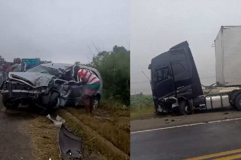 Batida entre caminhão e carro deixa feridos no anel viário de Vitória da Conquista
