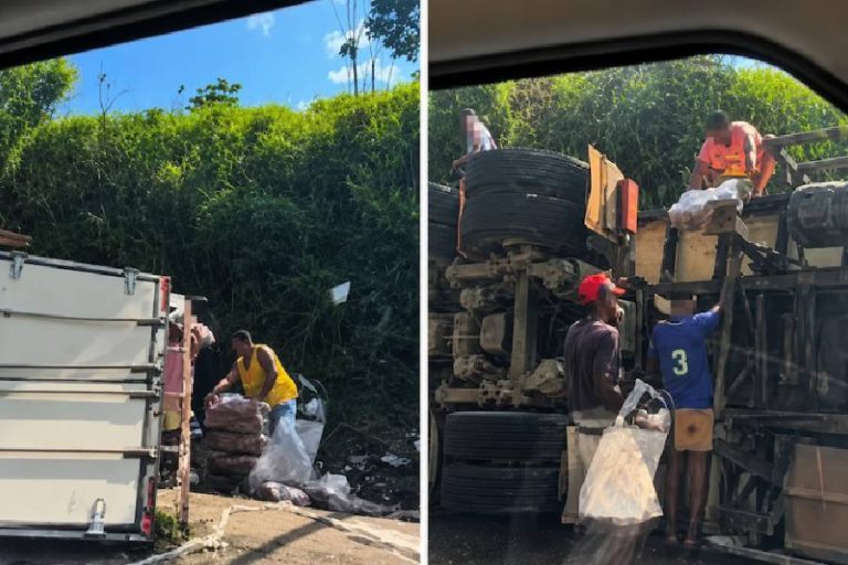 Caminhão tomba na BR-101 e carga de frangos é saqueada em Ubaitaba