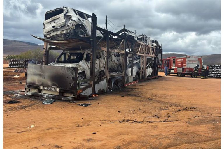 Incêndio destrói 10 carros transportados por caminhão-cegonha na BA-026 em Maracás