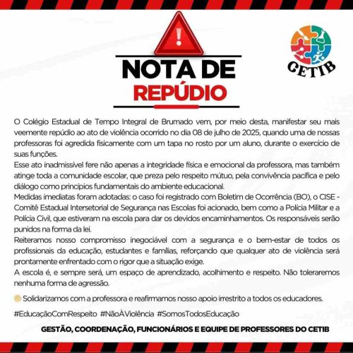 Colégio Estadual de Tempo Integral de Brumado emite Nota de Repúdio após professora ser agredida por aluno