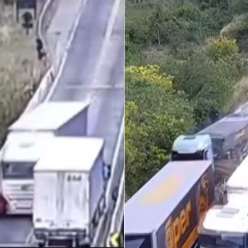 Carro é arremessado de ponte após colisão com carreta na BR-116 em Cândido Sales
